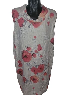 Sleeveless Cream Floral Print Linen Tunic Dress Size XL